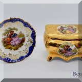 P55. Small Fragonard style limoges plate on stand and covered trinket box - $38 for both 